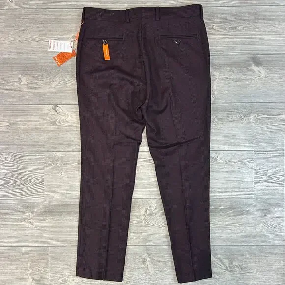 Talia Orange Men's Wool Blend Stretch Dress Pants NWT 34x30 Burgundy Navy Plaid